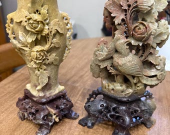 ヴィンテージの手彫り中国製ソープストーン彫刻 花と鳥 - Etsy 日本