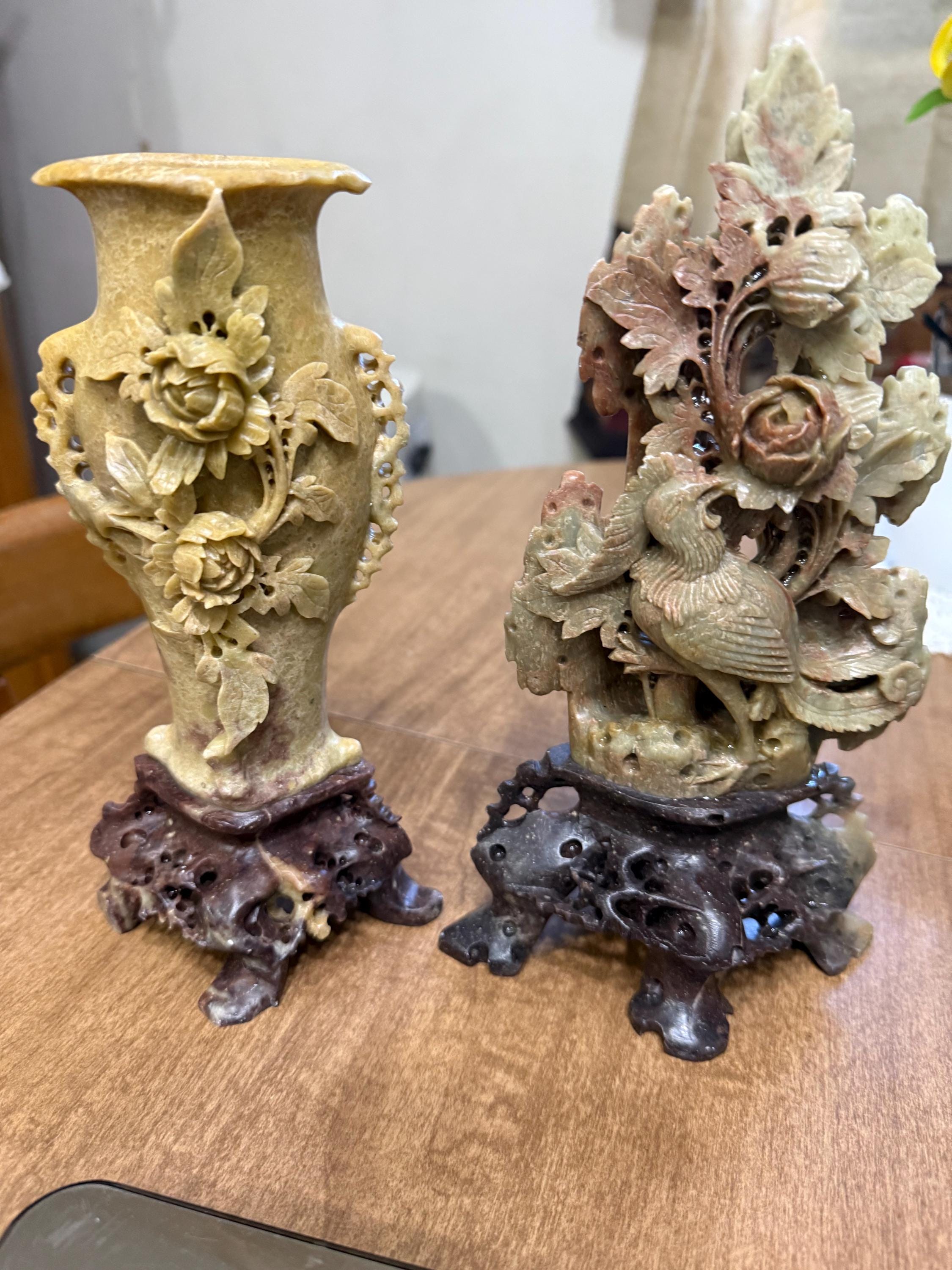 ヴィンテージの手彫り中国製ソープストーン彫刻 花と鳥 - Etsy 日本