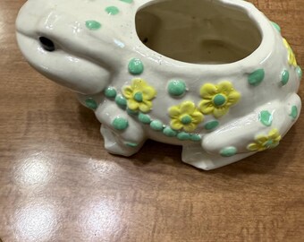 Vintage Green/Yellow/White Frog Ceramic Planter