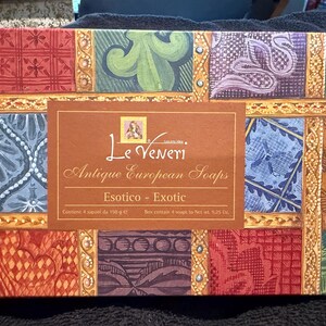 May include: A box of Le Veneri Antique European Soaps with a decorative design. The box contains four soaps, each weighing 150 grams. The soaps are labelled "Esotico - Exotic".