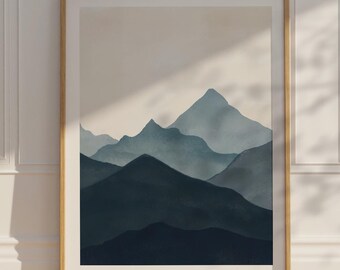 Abstract Mountain Art Print in Blues: Neutral Boho Colors Art Print, Oversized Mountain Art, Calm Color Palette Artwork, Minimal Indigo Art