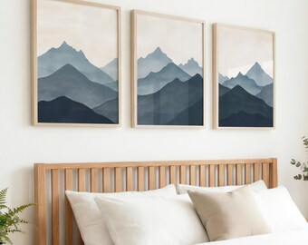 3 Piece Wall Art Set Mountains: Navy Blue Wall Art 3 Pieces, Watercolor Art Abstract Blues, Rocky Mountain Triptych, Indigo Art Gallery