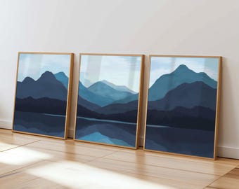 Mountain Lake Print Set of 3: Indigo Abstract Art Sets, Rocky Mountain Triptych, Navy Blue Wallart Set, Above Bed Watercolor Mountain Art