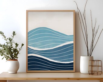 Waves Line Art: Minimalist Beach Art in Light Blue, Abstract Seascape Coastal Wall Art, Modern Surf Print, Teal and Indigo Ocean Artwork