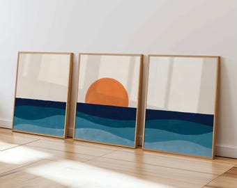 3 Piece Wall Art Coastal Abstract, Abstract Art Print Beach House Triptych, Coastal Colors Decor, Blue Ocean and Sun Set of 3, Calming Sea