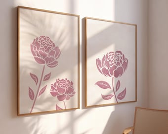 Pink Peony Wall Art Set: Floral Prints Diptych, Soft Pink Botanical Art, Peonies Poster Set, Muted Nursery Decor, Feminine Wall Decor