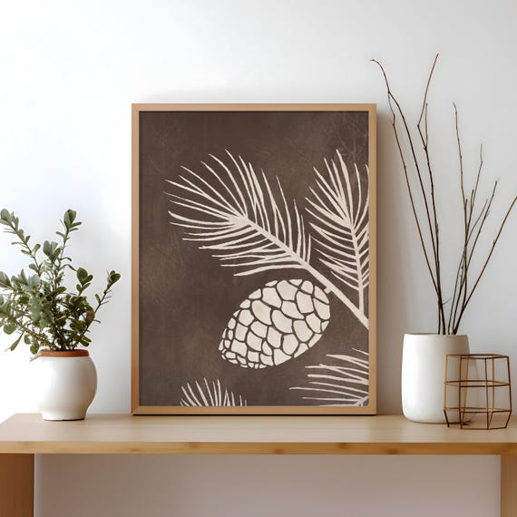 Pine Branches Print: Evergreen Botanical Wall Art, Rustic Woodland Poster, Cozy Brown Accent for Modern Cabin Decor or Country Cottage Style