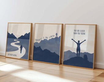 Inspiring Mountain Art Set of 3: Positivity Poster Set, Motivating Wall Art Triptych, My Daily Affirmations in Calming Blue Tones, Feel Good