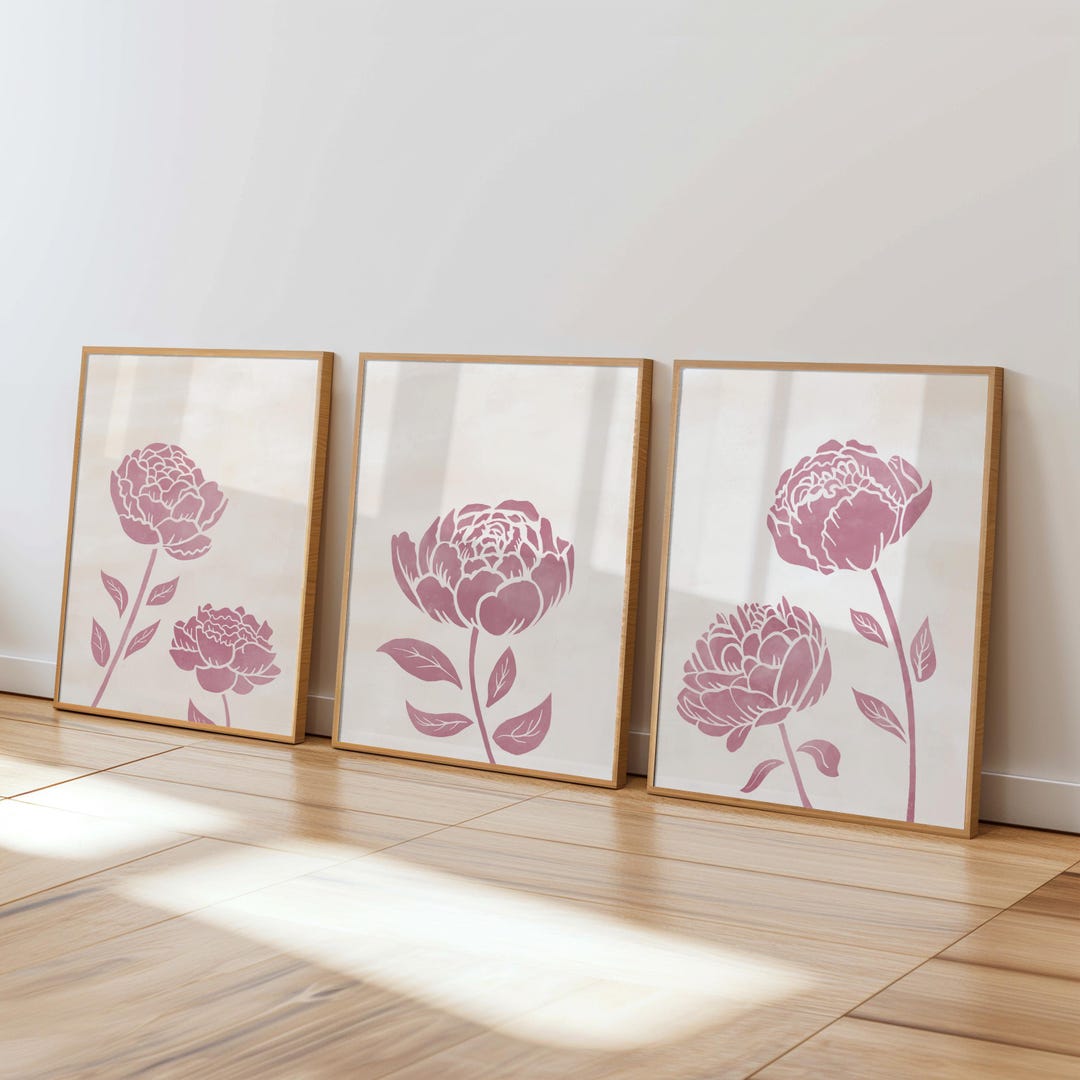 Pink Peony Art Prints Set of 3: Blush Floral Wall Art, Pastel Botanical ...