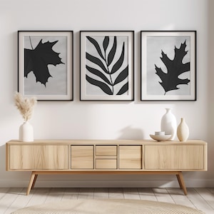 Könnte beinhalten: Drei gerahmte Schwarz-Weiß-Blattkunstdrucke hängen über einem hellen Holzschrank. Die Drucke zeigen stilisierte Blattdesigns. Eine Vase mit Trockenblumen und mehrere Keramikvasen und -schalen stehen auf dem Schrank.