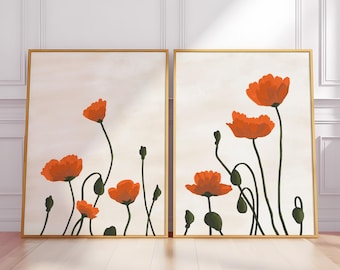 Wild Poppies Set of Two Prints: California Poppy Wall Art, Floral Diptych, August Birth Flower Decor, Wildflower Botanical, Above Bed Art