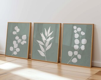 Eucalyptus Print Set: Modern Sage Green Botanical Wall Art Triptych, Floral Artwork Set of 3, Eucalyptus Bundle Poster, 3 Sage Modern Art
