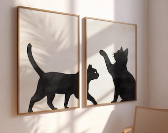 Black Cat Artwork: Set of 2 Prints, Minimal Retro Cat Posters, Boho Witchcore Wall Decor, Halloween Art, Cute Gift for Black Cat Moms