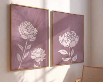 Pink Peony Wall Art Set: Floral Prints Diptych, Soft Pink Botanical Art, Peonies Poster Set, Muted Nursery Decor, Feminine Wall Decor