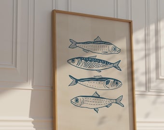Póster minimalista de sardinas: arte de mariscos con líneas azules dibujadas a mano para chefs, amantes de la gastronomía y decoración elegante para la playa o la cocina.