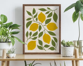 Amalfi Lemon Branch Art Print – Italian Citrus Poster with Green Leaves, Kitchen Wall Decor with a Vintage Botanical Feel