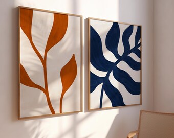Abstract Burnt Orange and Blue Art, Bold Color Wall Art, Botanical Art Set of 2, Orange Navy Poster Set, Artful Boho Floral Art Prints