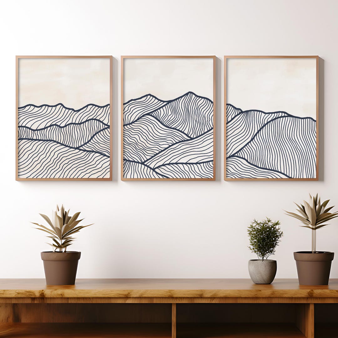 Minimal Mountain Line Art Set of 3: Abstract Topographic Mountain ...