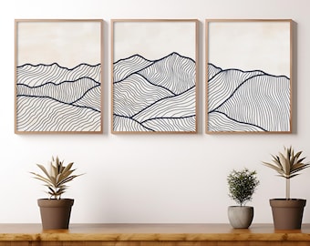 Minimal Mountain Line Art Set of 3: Abstract Topographic Mountain Triptych, Japandi Wall Art Set, Mountain Line Decor for Over Coach Sofa
