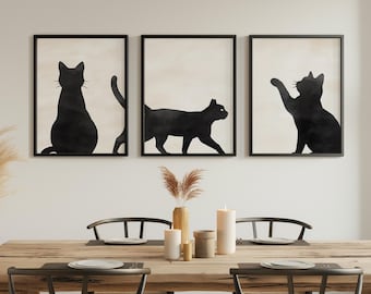 Cute Black Cat Poster Set: Minimal Black Cat Art Triptych, Retro Boho Cat Posters, Witchcore Halloween Wall Decor, Cute Gift for Cat Lovers