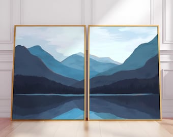 Mountain Lake Wall Art Set: Modern Abstract Art Blues, Indigo Nature Arts, Calming Entranceway Decor, Minimal Lakehouse Wall Art