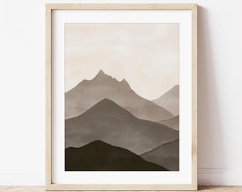 Minimalistic Wall Art in Brown: Abstract Layered Mountains in Warm Earth Tones, Simple Nordic Mountain Art, Cabin Decor Ideas, Colorado Art