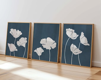 Blue and White Poppies Triptych – Set of 3 Bold Floral Prints with Abstract White Flowers on Navy, Perfect for a Bedroom or Gallery Wall