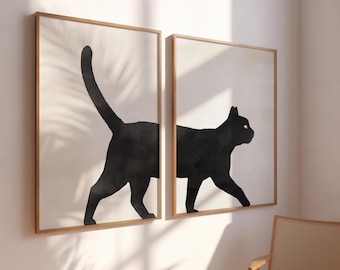 Black Cat Art Posters: Walking Black Cat Diptych, Set of 2 Retro Cat Prints, Minimal Boho Wall Decor, Unique Gift for Cat Owners