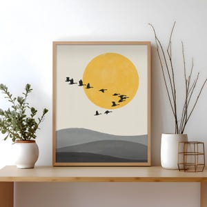 Flock of Birds Japanese Sun Wall Art, Feng Shui Decor, Minimalist Birds Art, Japandi Goose Art Print, Asian Geese, Scandinavian Style Yellow
