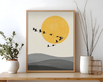 Flock of Birds Japanese Sun Wall Art, Feng Shui Decor, Minimalist Birds Art, Japandi Goose Art Print, Asian Geese, Scandinavian Style Yellow