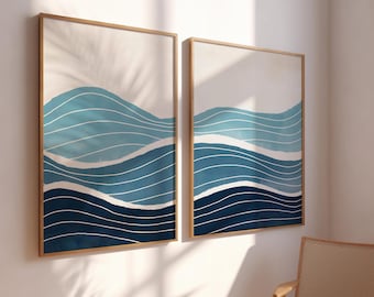 Beachy Print Set: Teal Waves Diptych Art, Modern Surf Decor, Blue Coastal Art Work, Ocean Line Art, Turquoise Ombre Wall Art