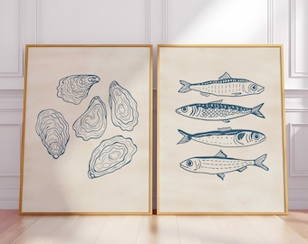 Oysters and Sardines Art Print Set – Minimalist Blue Line Kitchen Art for Seafood Lovers, Coastal Decor, or Foodie Gift