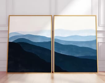 Blue Ridge Mountains Art Print Set of 2, Appalachian Mountains Watercolor, Dark Blue Wall Art Set Of 2, North Carolina Wall Art, Tennessee