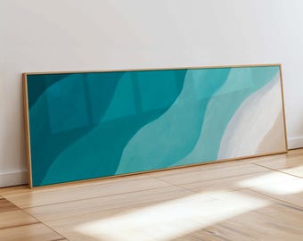 Coastal Beach House Panorama: Long Wide Aerial Beach Art Print, Beachy Artwork, Large Oversize Ocean Art, Abstract Turquoise Green