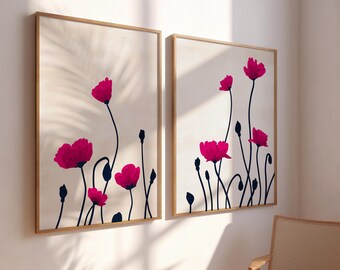 Hot Pink and Navy Blue Wall Art, Set of 2 Pink Navy Abstract Paintings, Retro Botanical Art, Two Piece Wall Art, Wildflower Prints