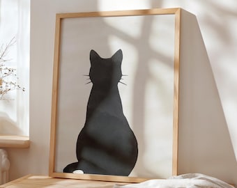 Minimal Black Cat Art Print: Sitting Black Cat Poster, Retro Boho Wall Art, Japanese-Inspired Decor, Cute Halloween Gift for Cat Owners