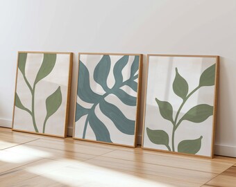 Sage Green Gallery Wall Art: Set of 3 Botanical Prints, Minimalist Leaves Triptych, Calming Interior Decor, Vacation Condo Art