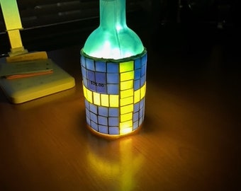 Stained glass mosaic Swedish flag bottle with lights