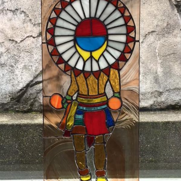 Tawa the Sun Shield Kachina Stained Glass Panel