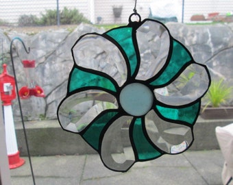 Green stained glass and beveled glass suncatcher