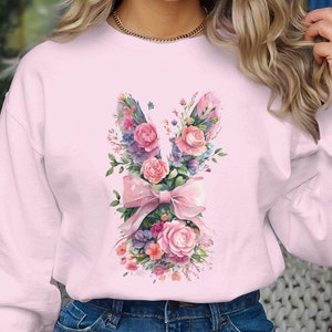 Kokette Osterhase PNG Floral Bogen Bunny Clipart Süße Girly Bunny PNG Ostern Sublimation Frühling Shirt Design Ästhetischer Digitaler Download