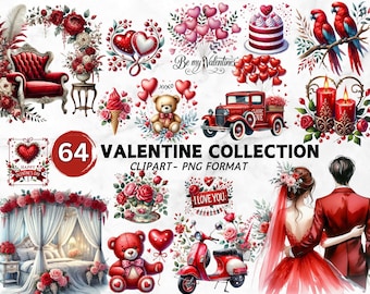 Watercolor Valentine Clipart, Cute Love Valentine PNG, Sweet Romantic Elements, Red Valentine Clipart, Happy Valentines Day Card Design