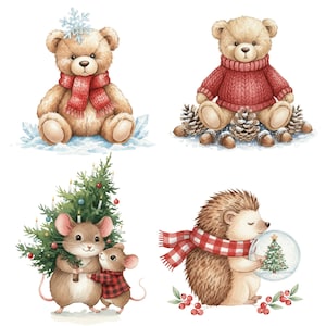 Christmas Woodland Clipart, Watercolor Christmas Animals PNG, Cute ...