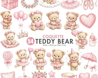 Pink Teddy Bear Clipart, Teddy Bear PNG, Baby Girl Clipart, Nursery Design, Watercolor Teddy Baby Shower, Commercial Use Digital Download