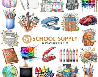 Watercolor School Supplies Clipart: Pastel Classroom Decor (PNG Files, Digital Download)