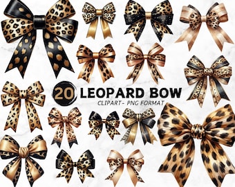 Watercolor Leopard Print Bow Clipart: Girly PNG Set,  Cheetah Bow Tie  (Digital Download)