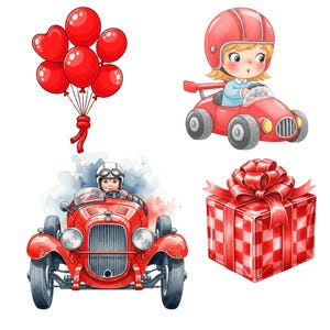 Vintage red race car PNG for baby shower printables, birthday party favors, or fast one theme invitations in watercolor style