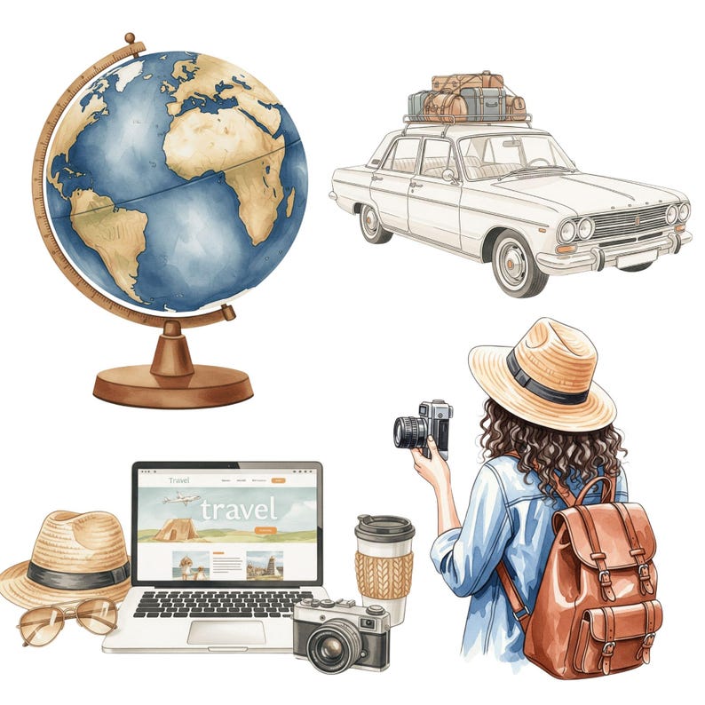 Charming watercolor clipart bundle of summer travel scenes, wanderlust symbols, and retro luggage illustrations, ready for creative use.