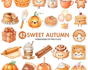 Autumn Sweets Clipart, Watercolor Fall Dessert PNG, Pumpkin Spice, Cupcake Clipart, Thanksgiving and Halloween Treats, Cozy Autumn PNG