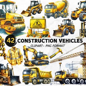 Aquarel bouw voertuig clipart, bulldozer, graafmachine, vrachtwagen en cementmixer PNG, decor kinderfeest, kinderkamer kunst, digitale download